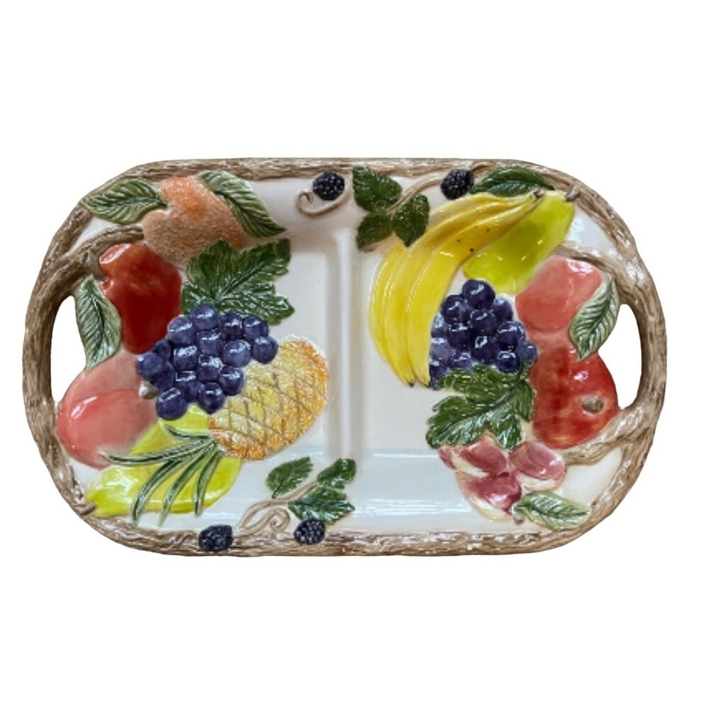 Vintage Holland Mold Ceramic Divided Serving Tray With Hand-Painted Fruit Design